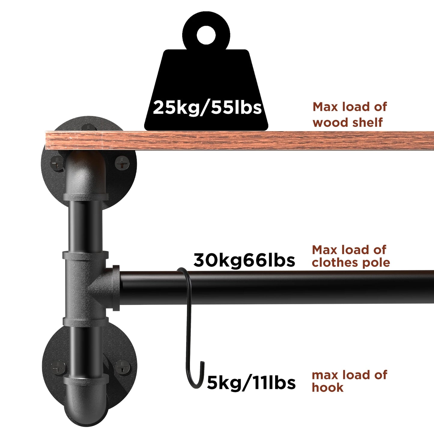 Metal Pipe Wall Mounted Clothes Rack With Wood Shelf