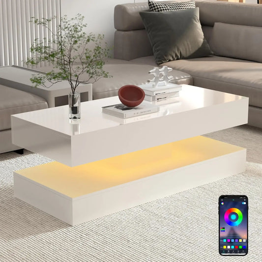 Glossy LED Coffee Table With 2 Drawers Modern Living Room