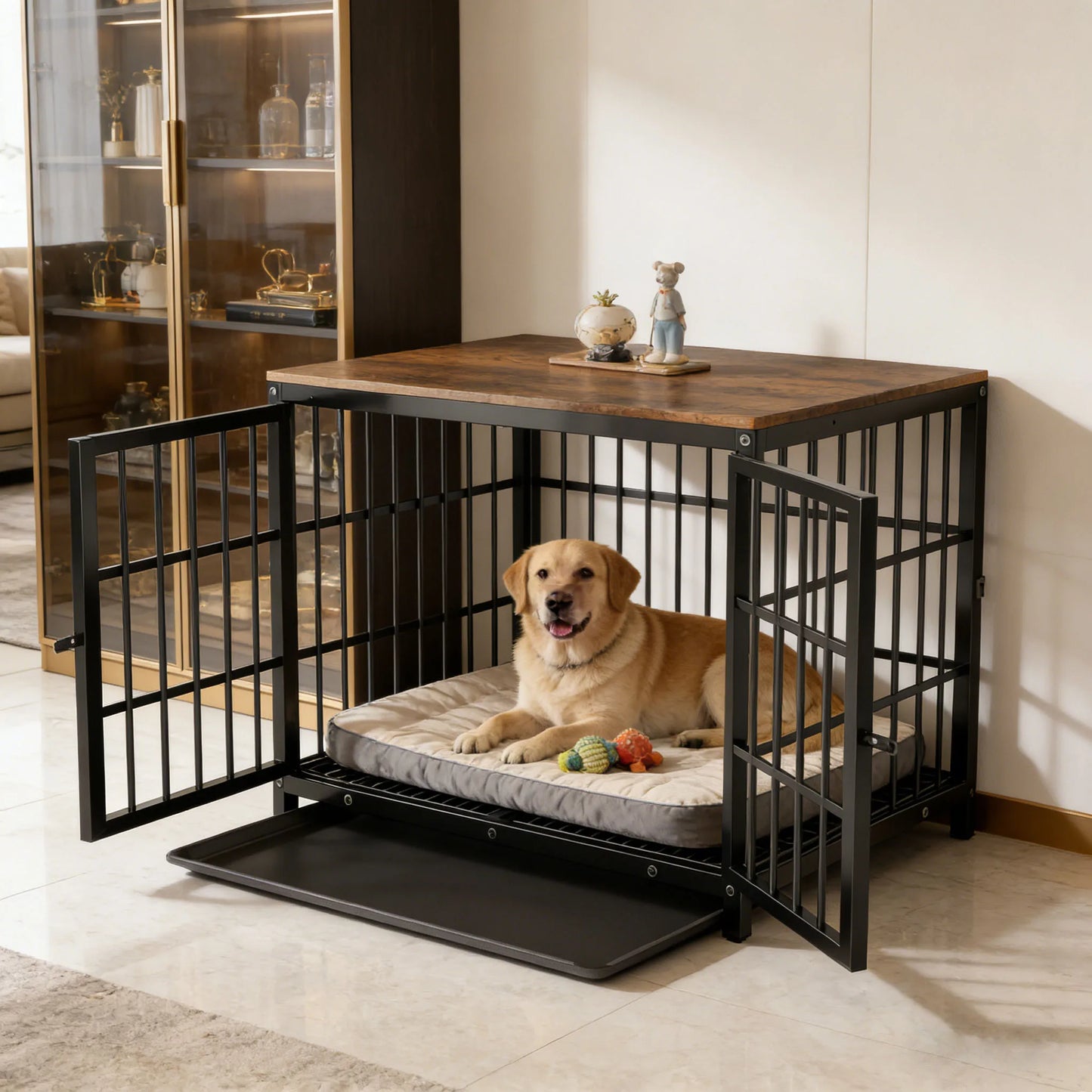 BINGOPAW Wooden Dog Crate Table With Three Doors Removable Tray
