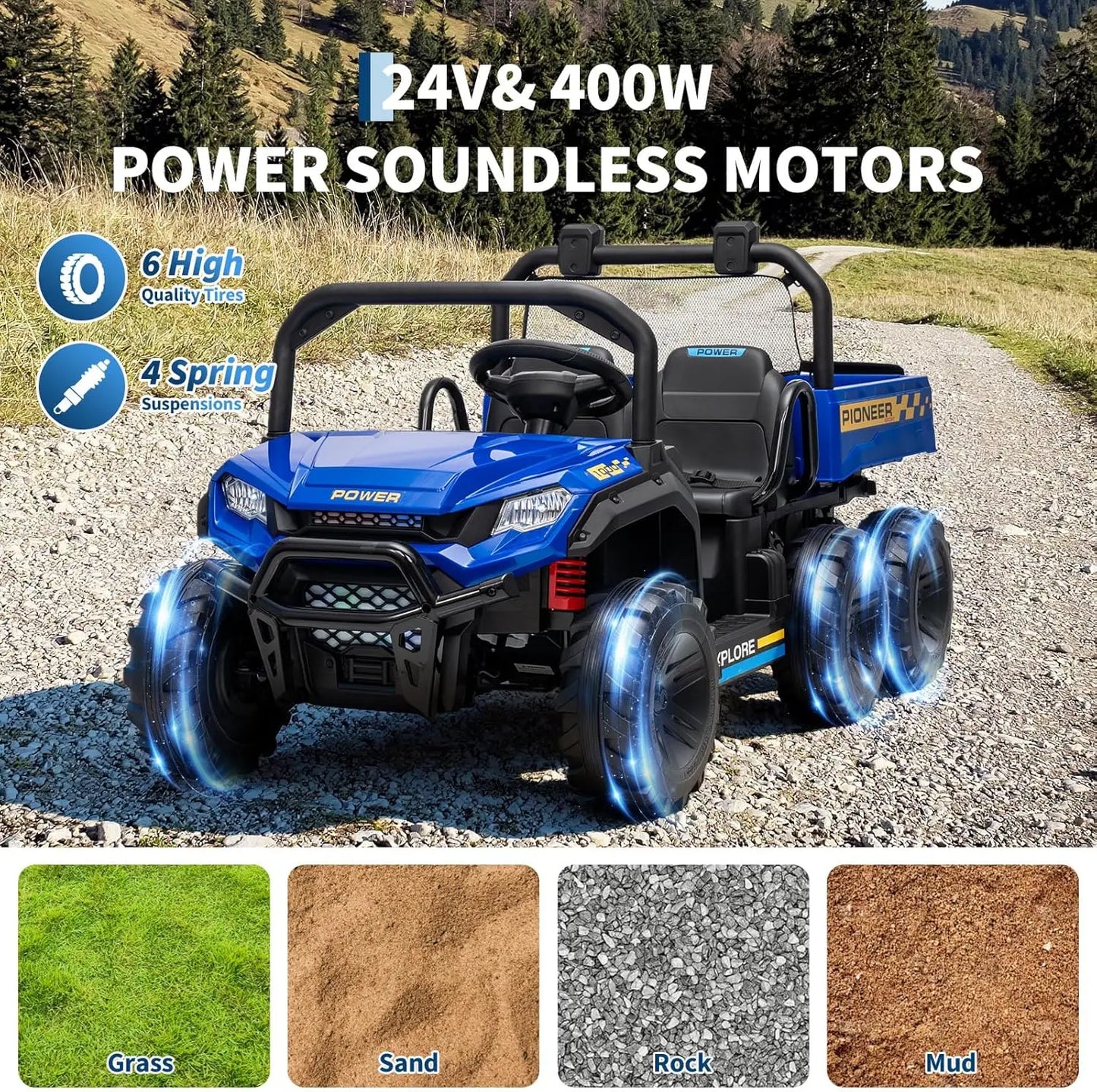 Powerful 24V 4WD Dual Seater Ride On Dump Truck With Remote Dump Bed Music For Boys And Girls