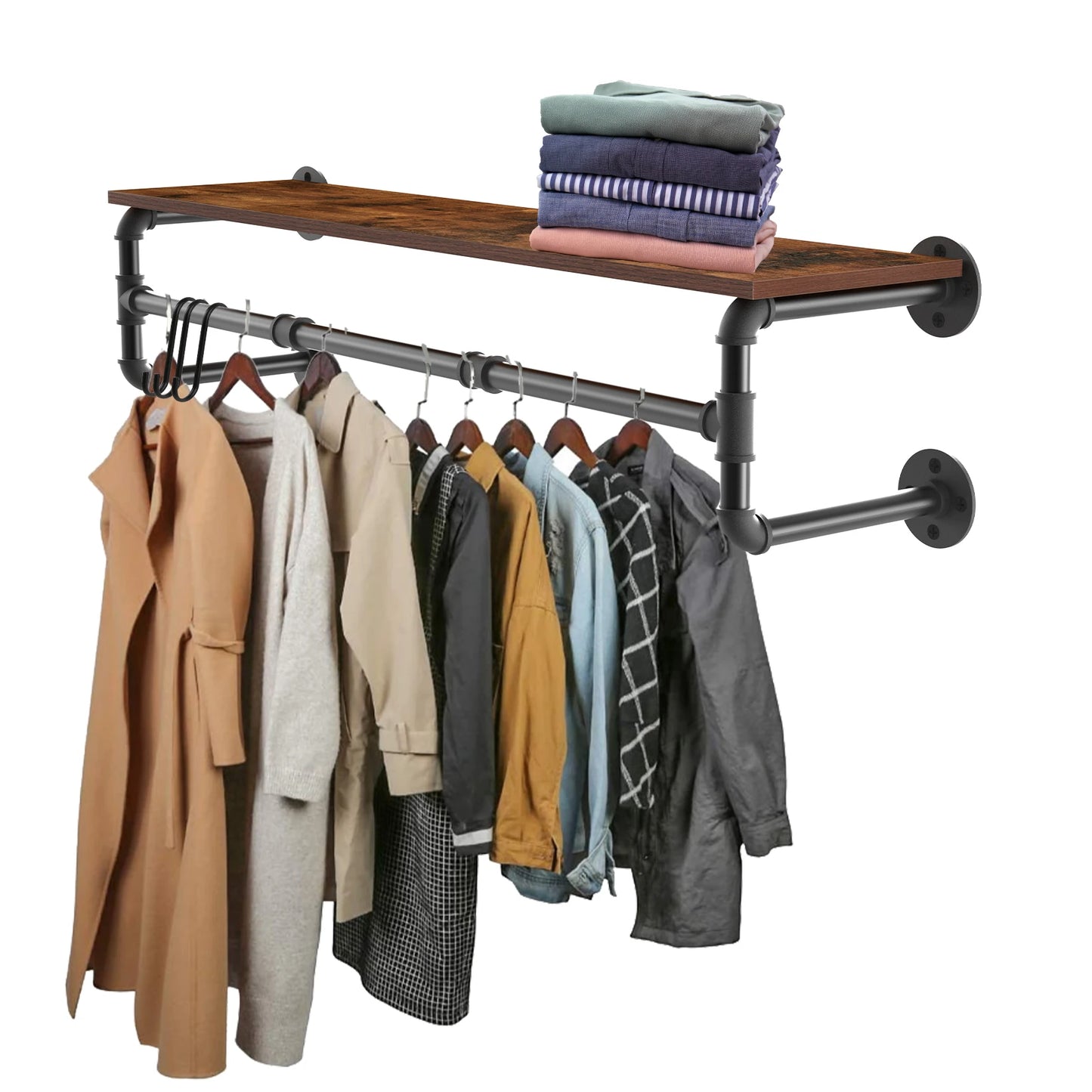 Metal Pipe Wall Mounted Clothes Rack With Wood Shelf