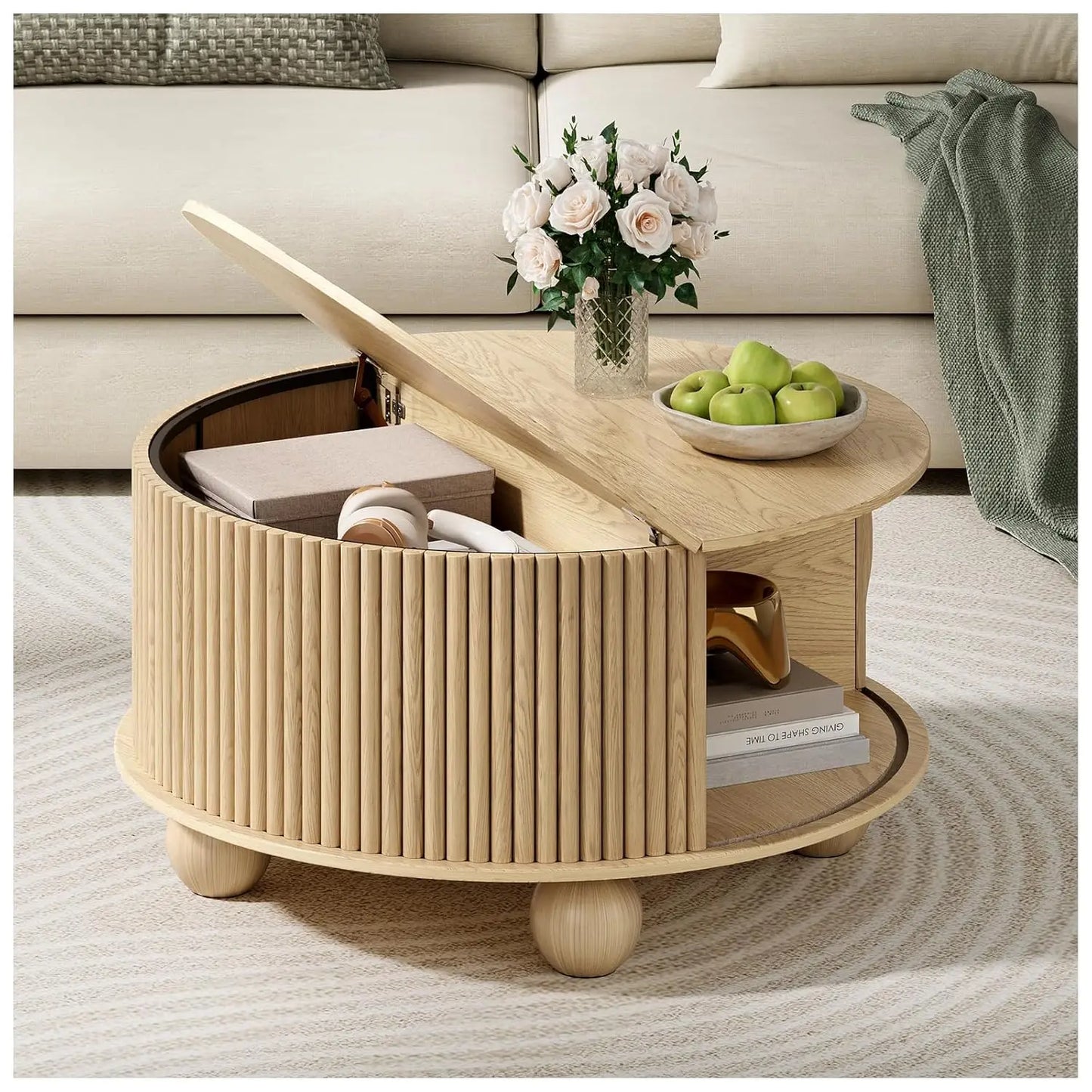 Round Coffee Table With Hidden Slidable Storage Door Modern Walnut