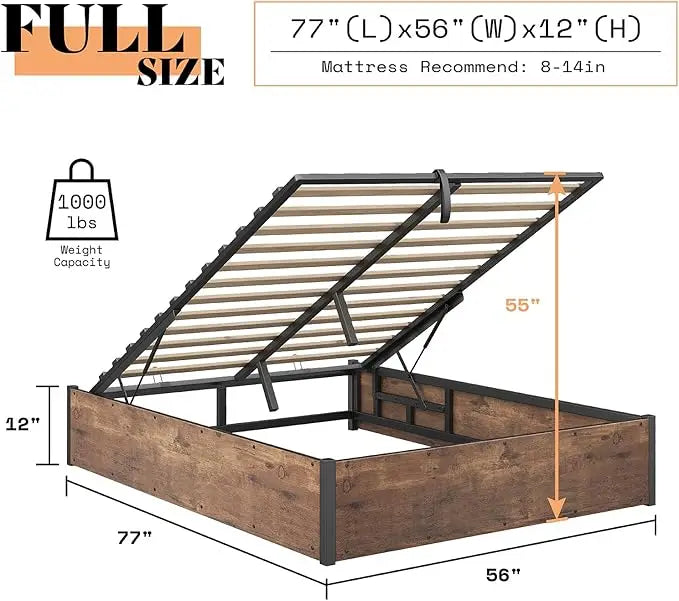 Lift Up Storage Bed Frame With Solid Wood Slats Platform
