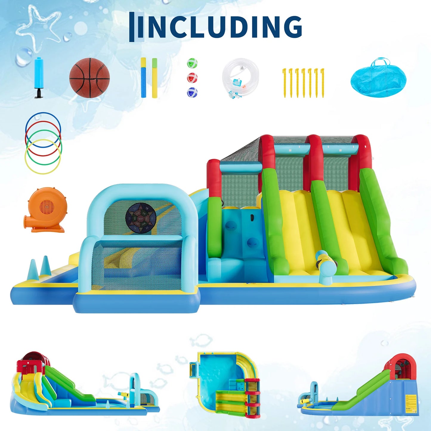 Inflatable Bounce Castle With Three Water Slides And Climbing Wall Splash Pool For Kids Backyard Indoor Outdoor