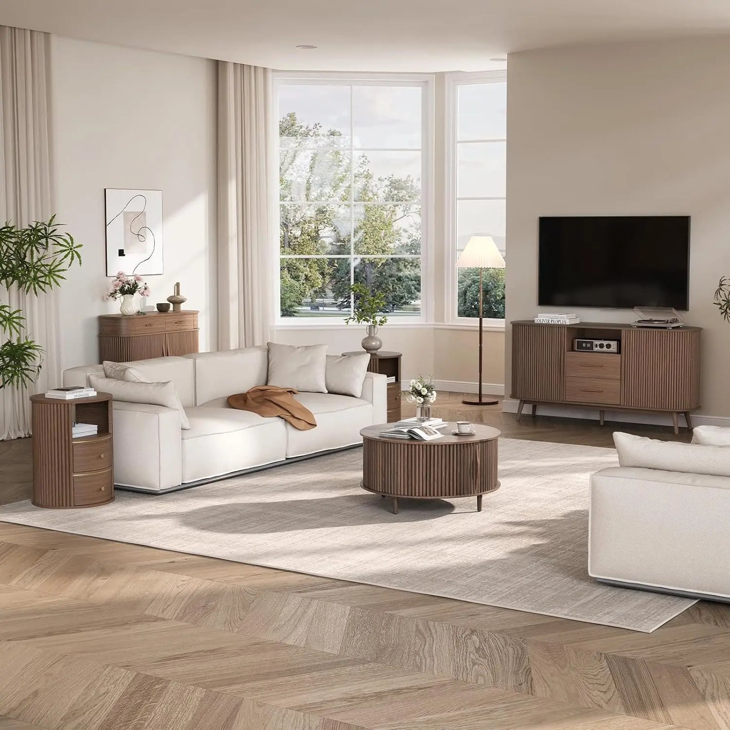 Round Coffee Table With Hidden Slidable Storage Door Modern Walnut