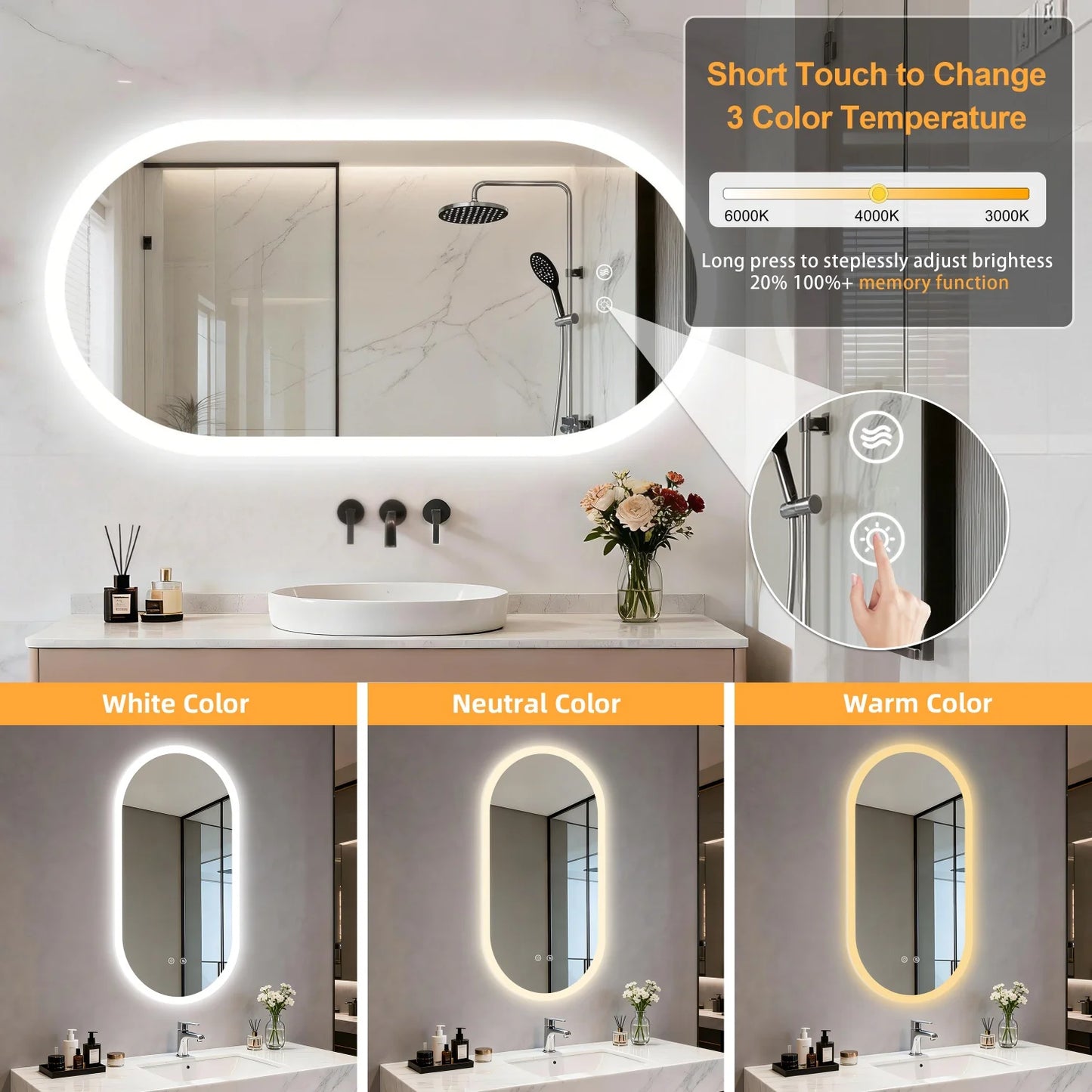 Illuminated Oval Bathroom Mirror With Backlit Tempered Glass Antifog Makeup