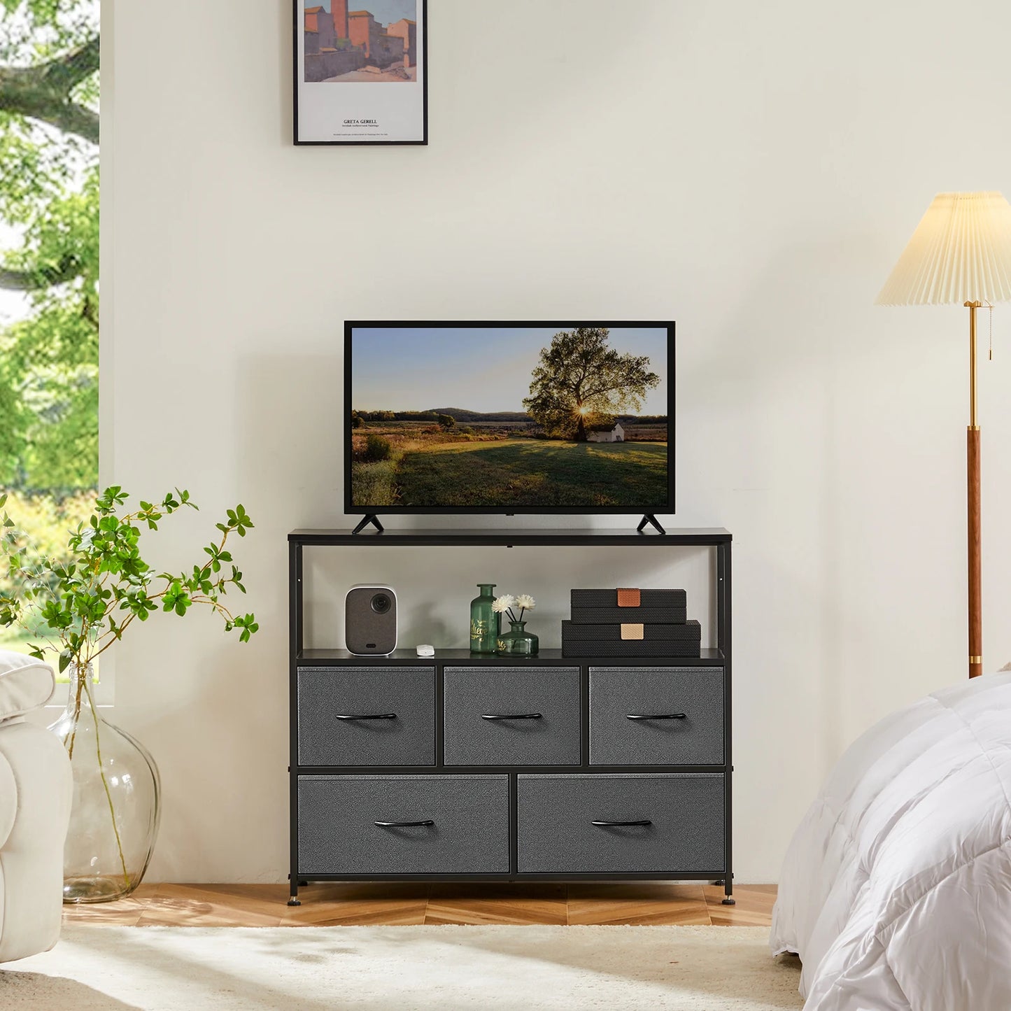 JHK Fireplace TV Stand Dresser With Fabric Drawers For Bedroom