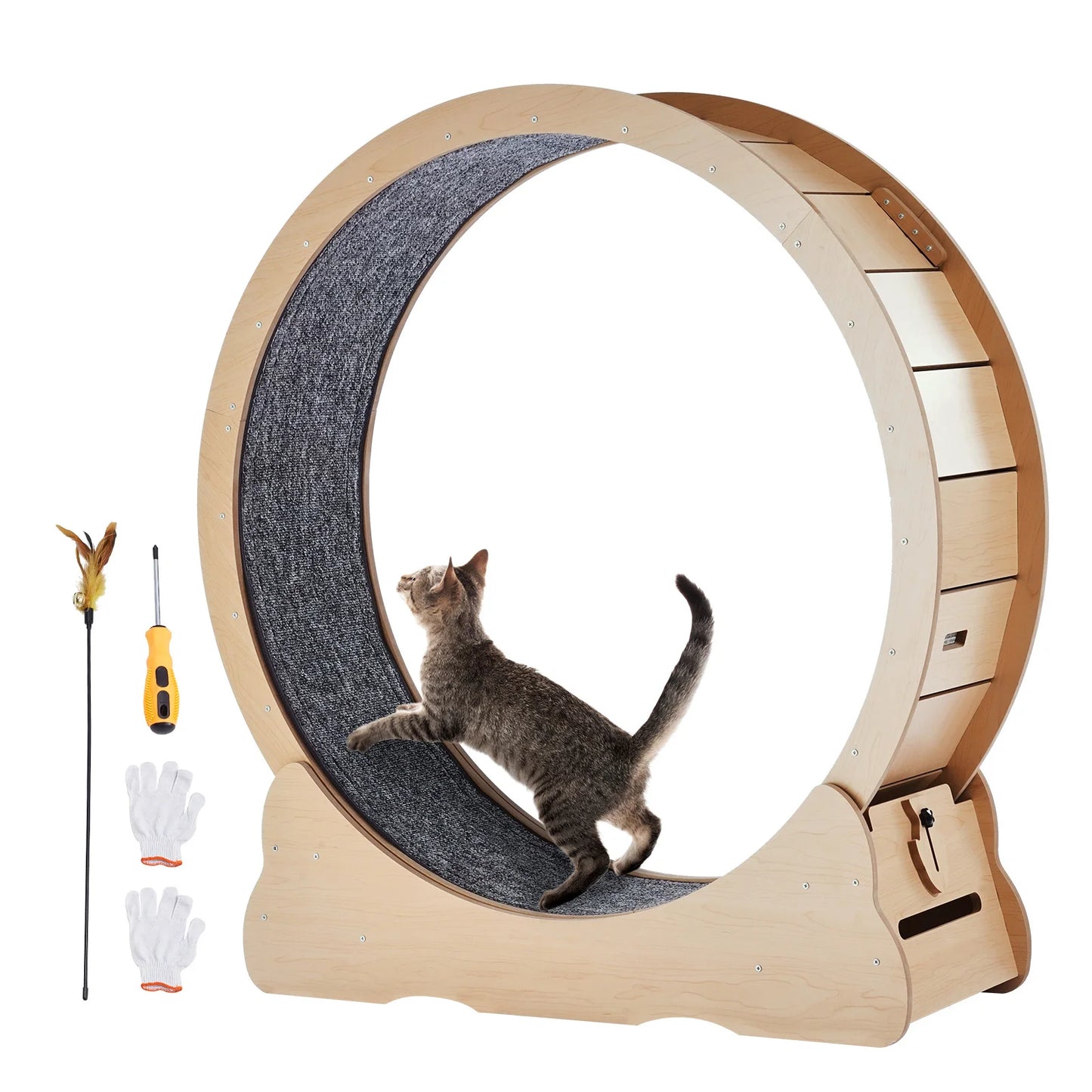 Wooden Cat Exercise Wheel For Indoor Cats Durable Large Treadmill Wheel With Detachable Carpet And Cat Teaser