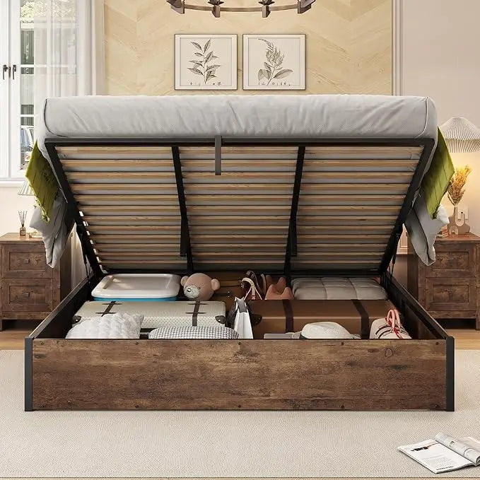 Lift Up Storage Bed Frame With Solid Wood Slats Platform