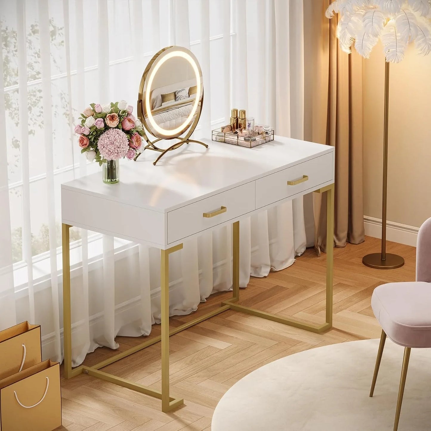 LITTLE TREE White And Gold Vanity Desk With 2 Drawers