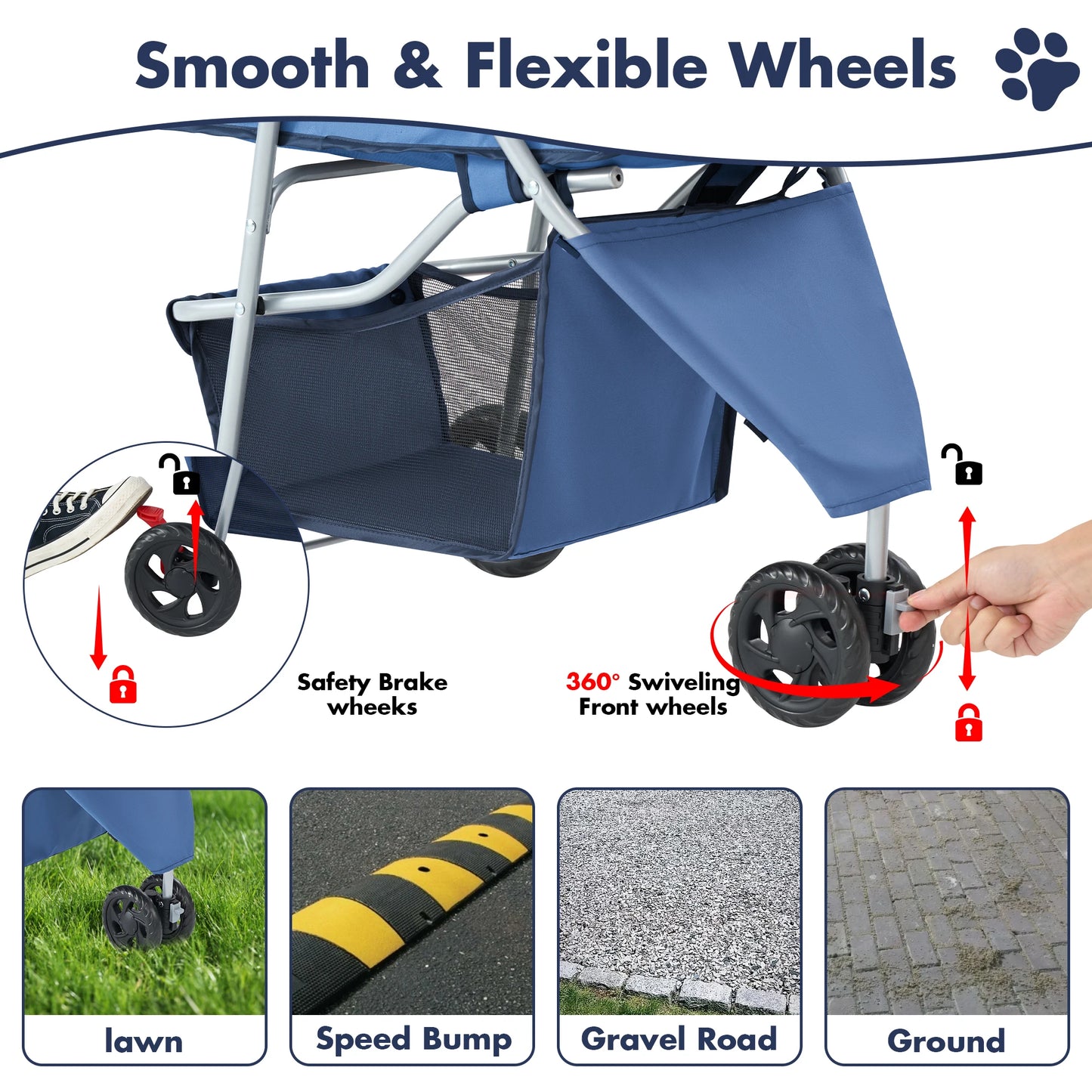 Three Wheel Foldable Pet Stroller With Mesh Windows For Small Dogs And Cats