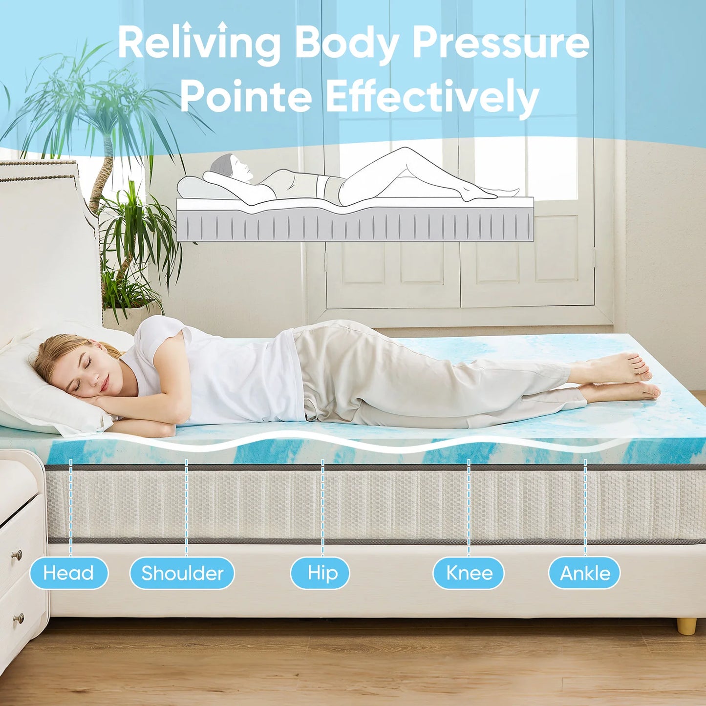 JHK Gel Memory Foam Mattress Topper Cooling For Bed Comfort