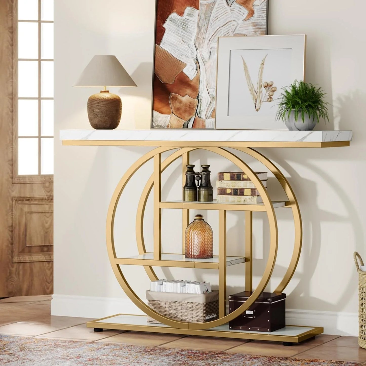 Little Tree Industrial Console Table With Four Storage Shelves For Entryway
