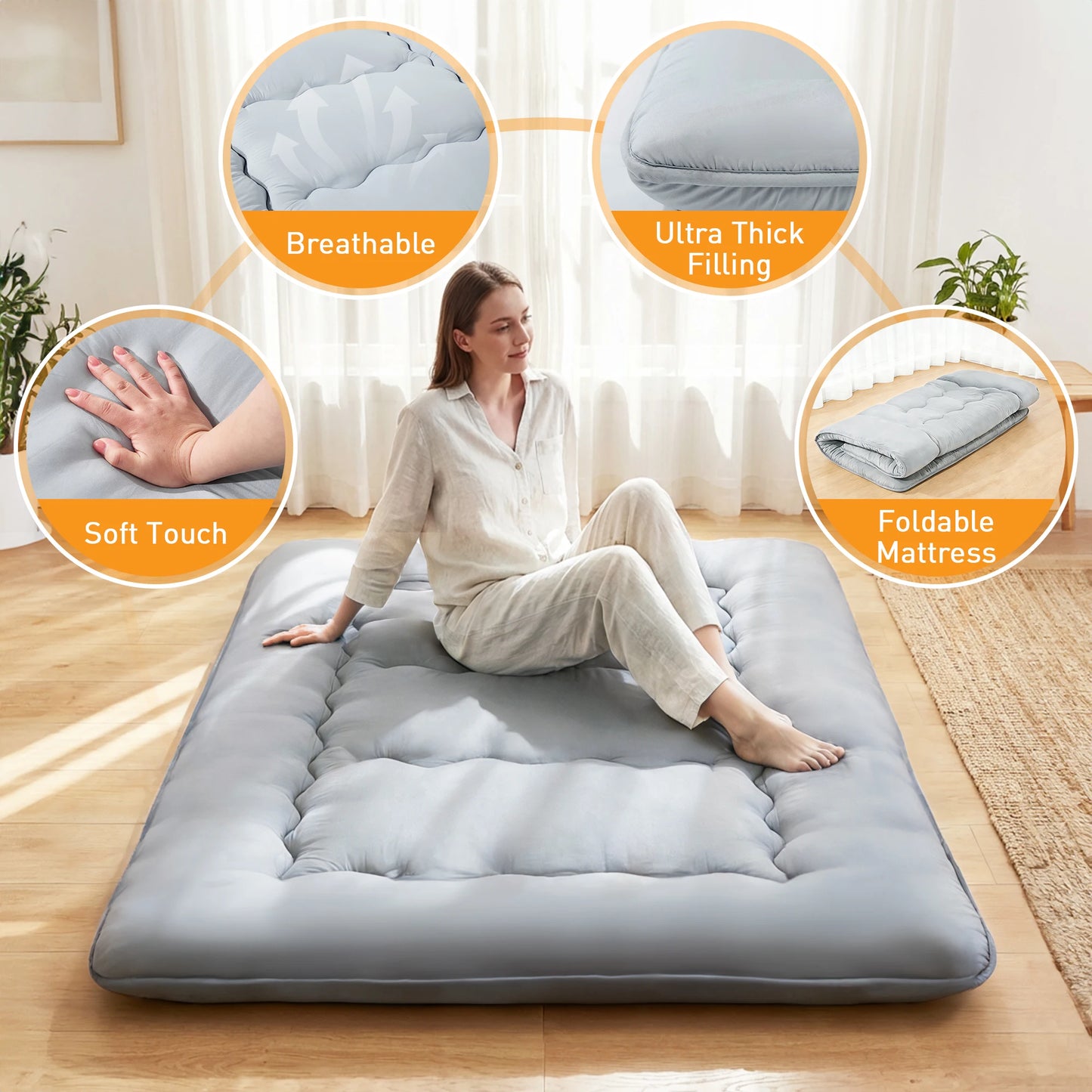 JHK Portable Floor Mattress Topper With Removable Washable Cover