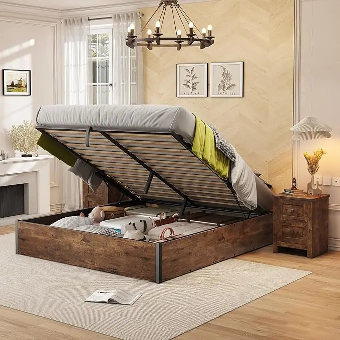 Lift Up Storage Bed Frame With Solid Wood Slats Platform