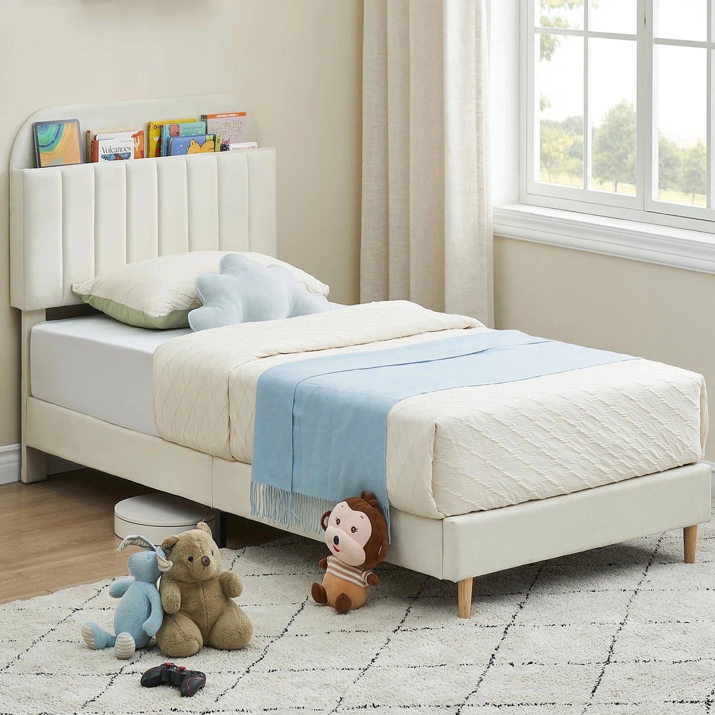 Twister.CK Velvet Upholstered Twin Bed Frame With Headboard For Kids And Girls Noise Free Durable Wooden Slats