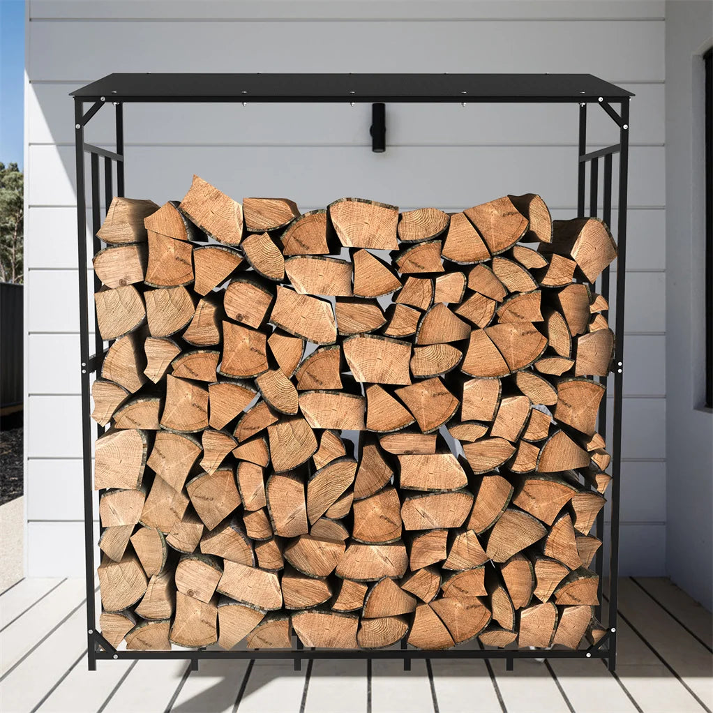 Outdoor Metal Firewood Rack With Waterproof Roof For Garden Storage