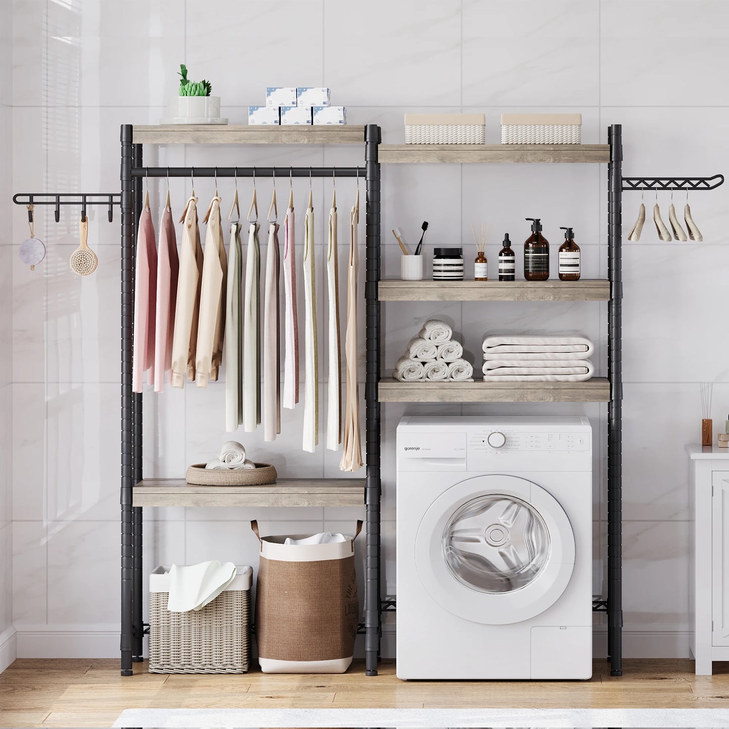 Over Washer Dryer Shelf 5 Tier Wood Laundry Organizer With Adjustable Height And Drying Rack Twisterck For Laundry Rooms