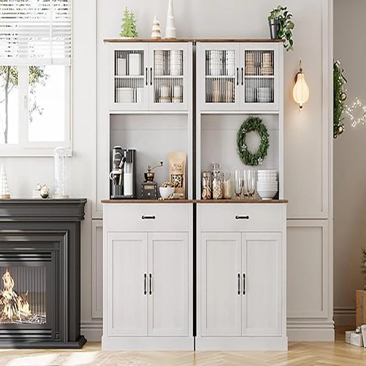 HiMISS Kitchen Pantry Cabinet With Microwave Stand And Glass Doors
