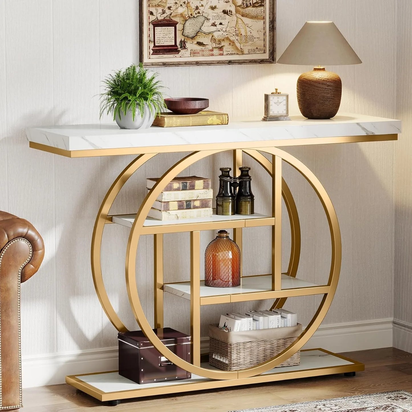 Little Tree Industrial Console Table With Four Storage Shelves For Entryway