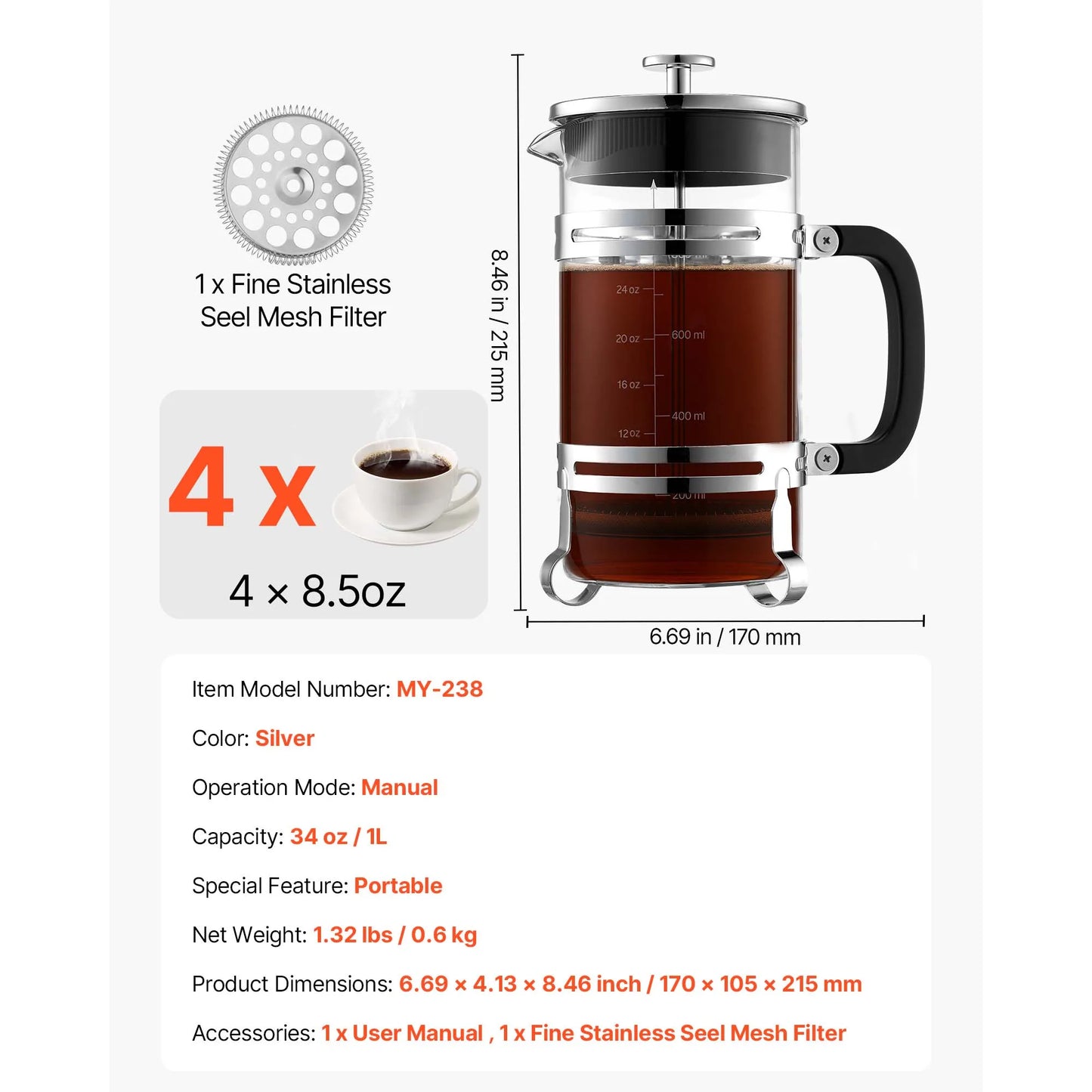 SucceBuy French Press Coffee Maker Portable Borosilicate Glass 34 Oz 1L With Stainless Steel Filter Camping Travel Home