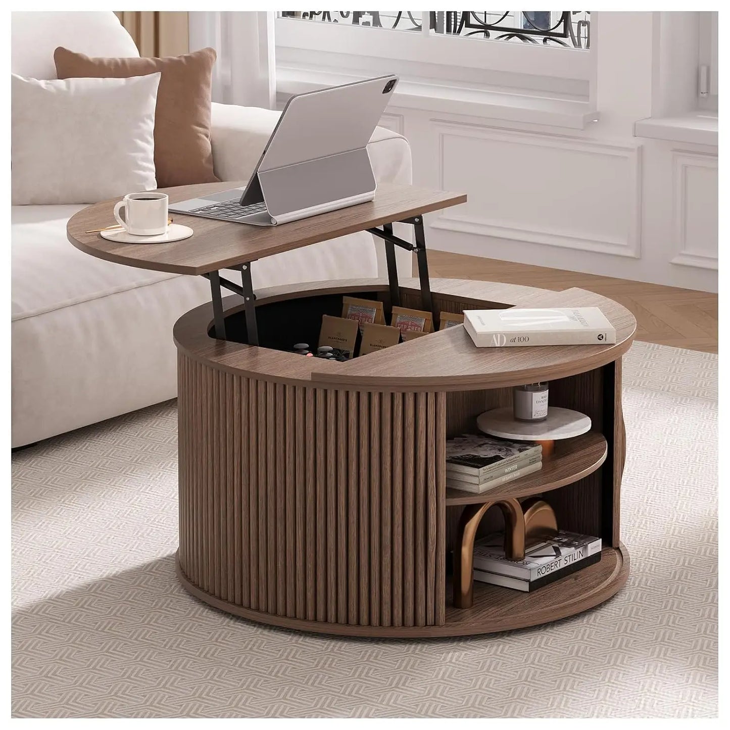 Round Coffee Table With Hidden Slidable Storage Door Modern Walnut