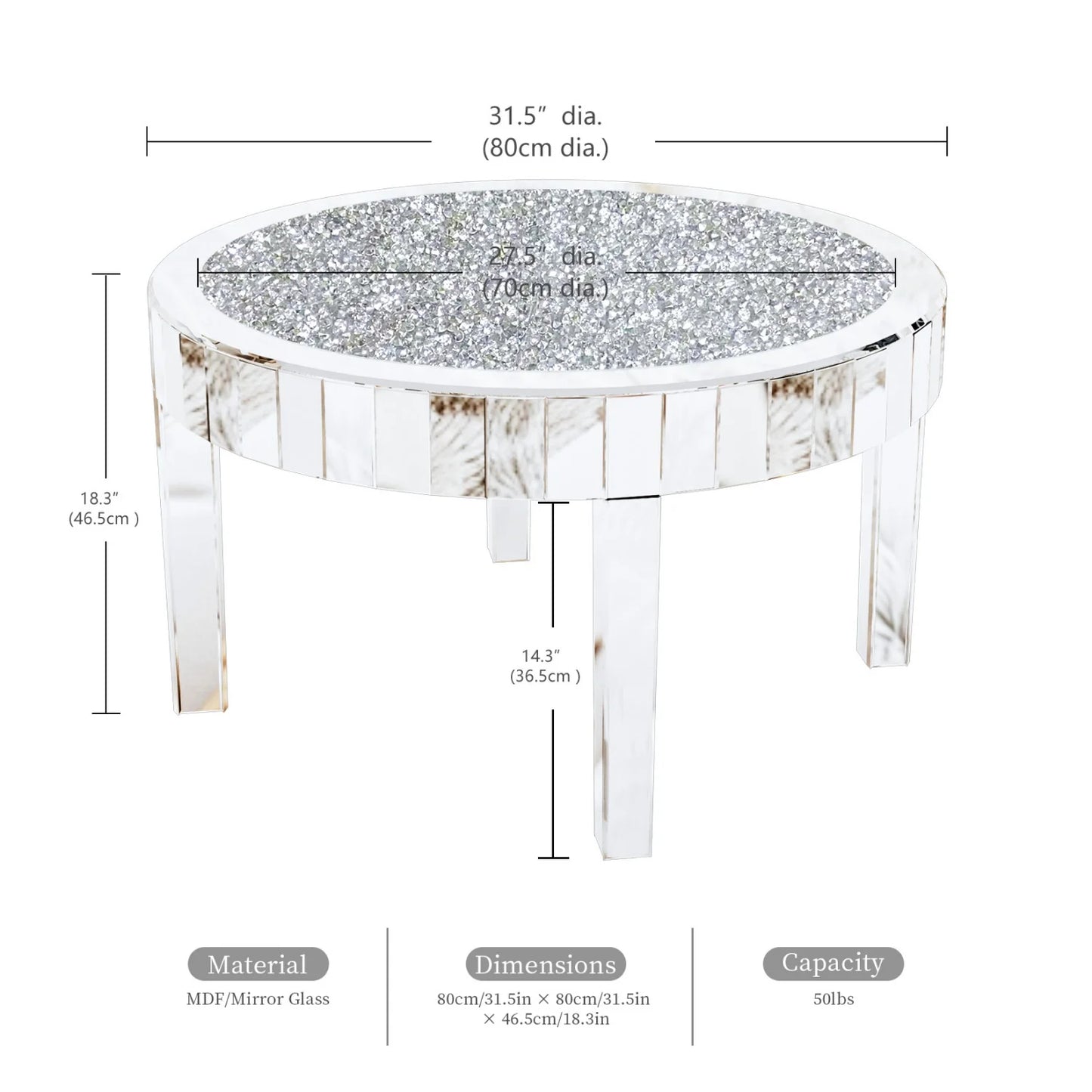 Round Mirrored End Table With Crystal Beveled Glass Edge