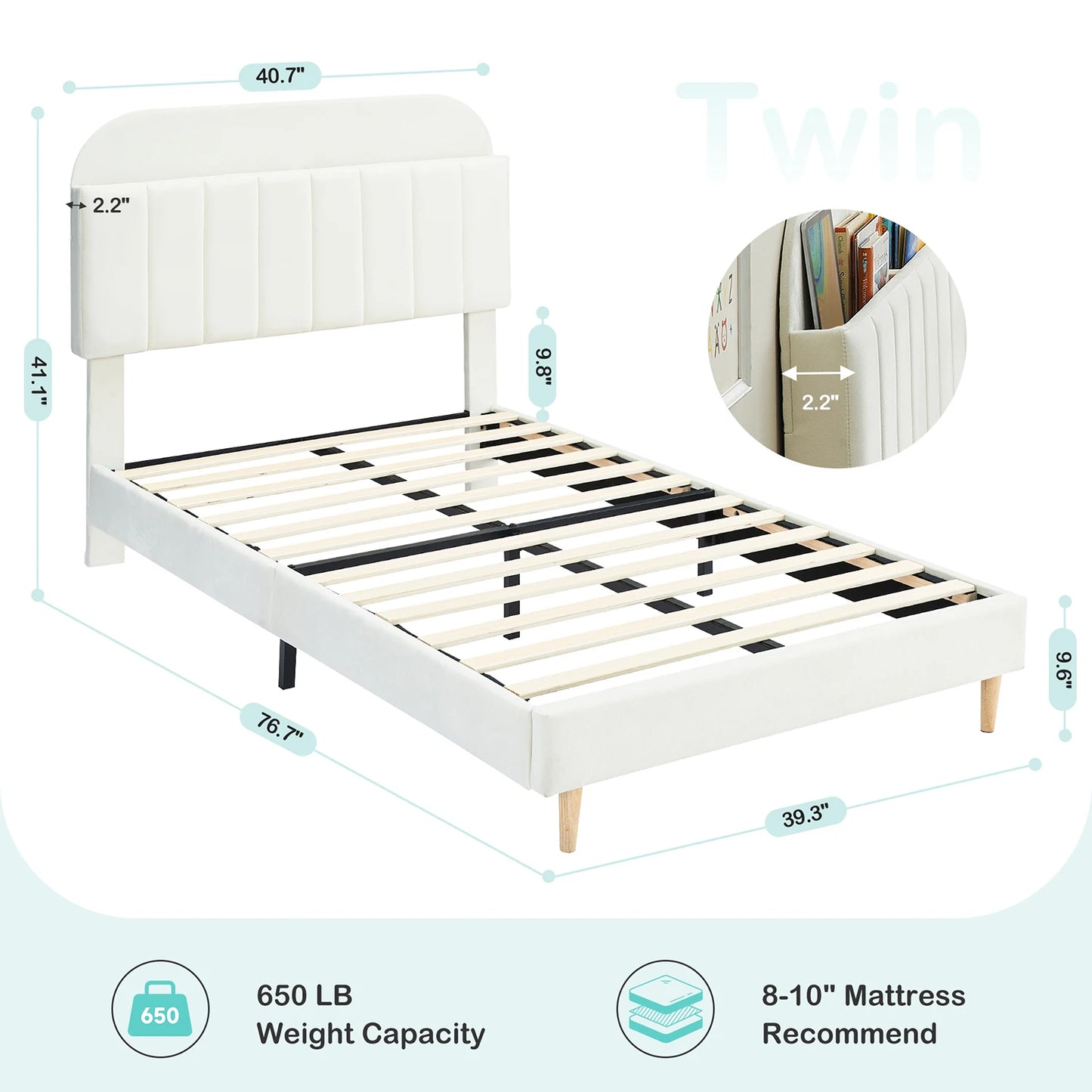 Twister.CK Velvet Upholstered Twin Bed Frame With Headboard For Kids And Girls Noise Free Durable Wooden Slats