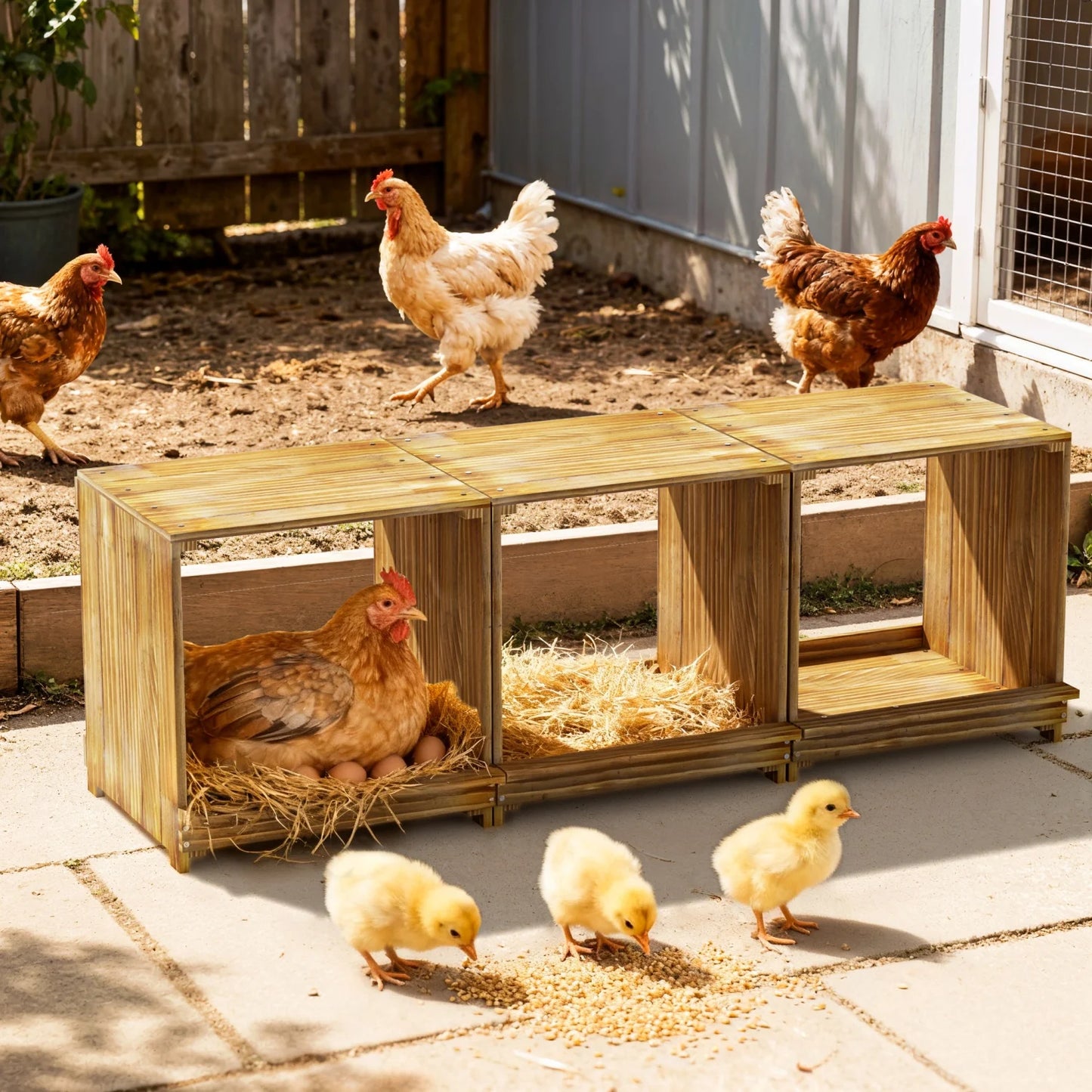 BINGOPAW Three-Compartment Pine Wood Chicken Nesting Box
