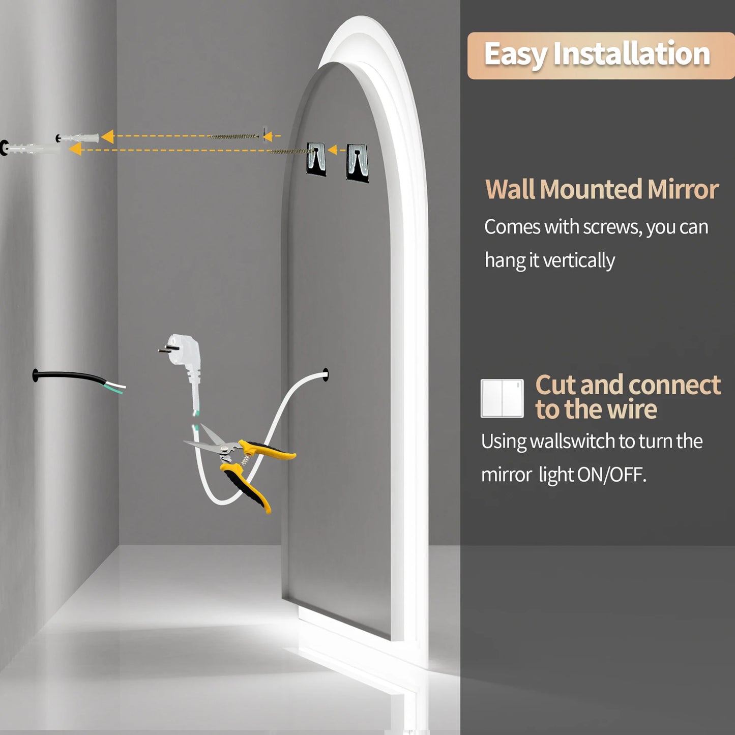 Arch Shape LED Bathroom Mirror Backlit Frameless Antifog Temperature Display