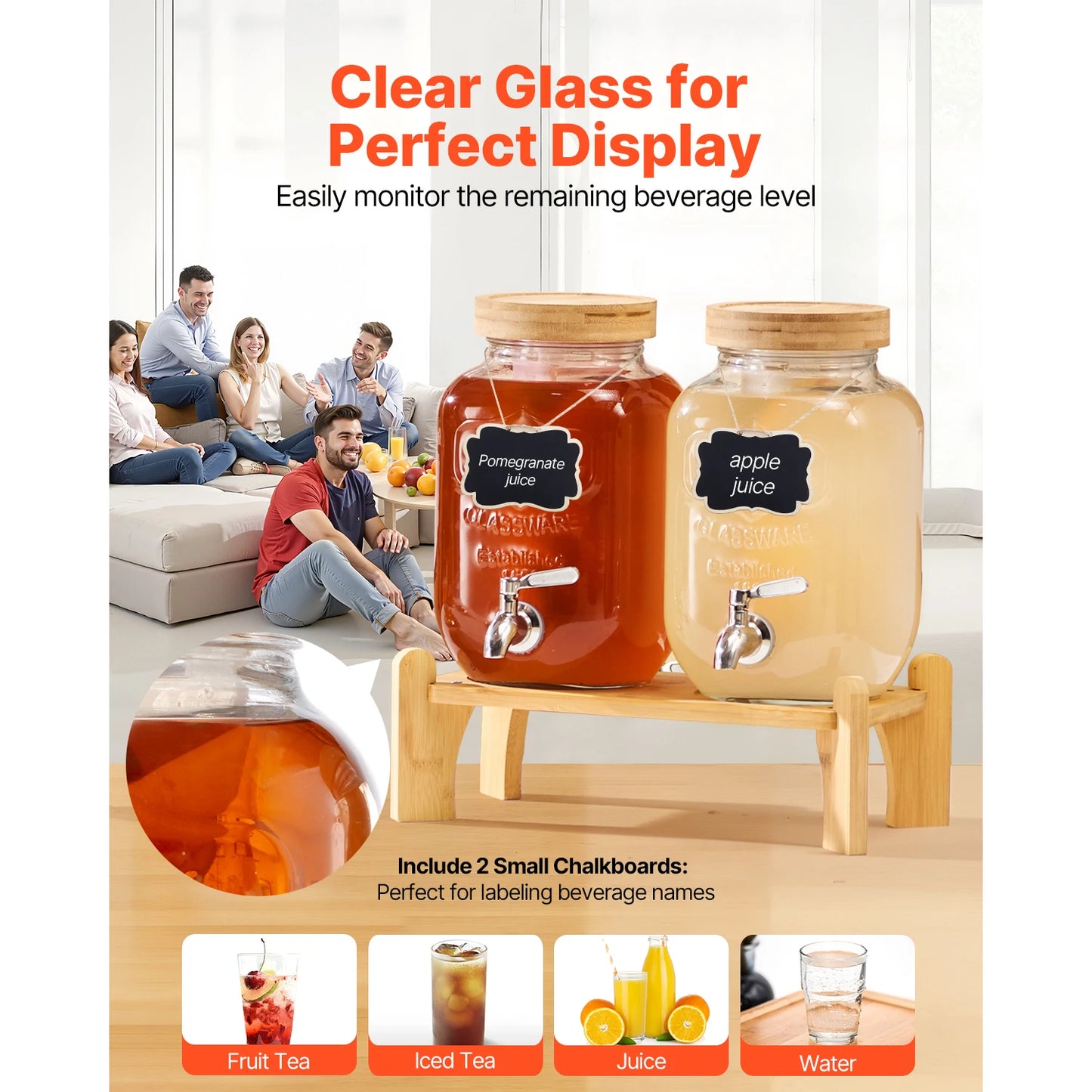 SucceBuy Glass Beverage Dispenser With Wood Stand Two Pack 8L Twin Set For Parties And Entertaining