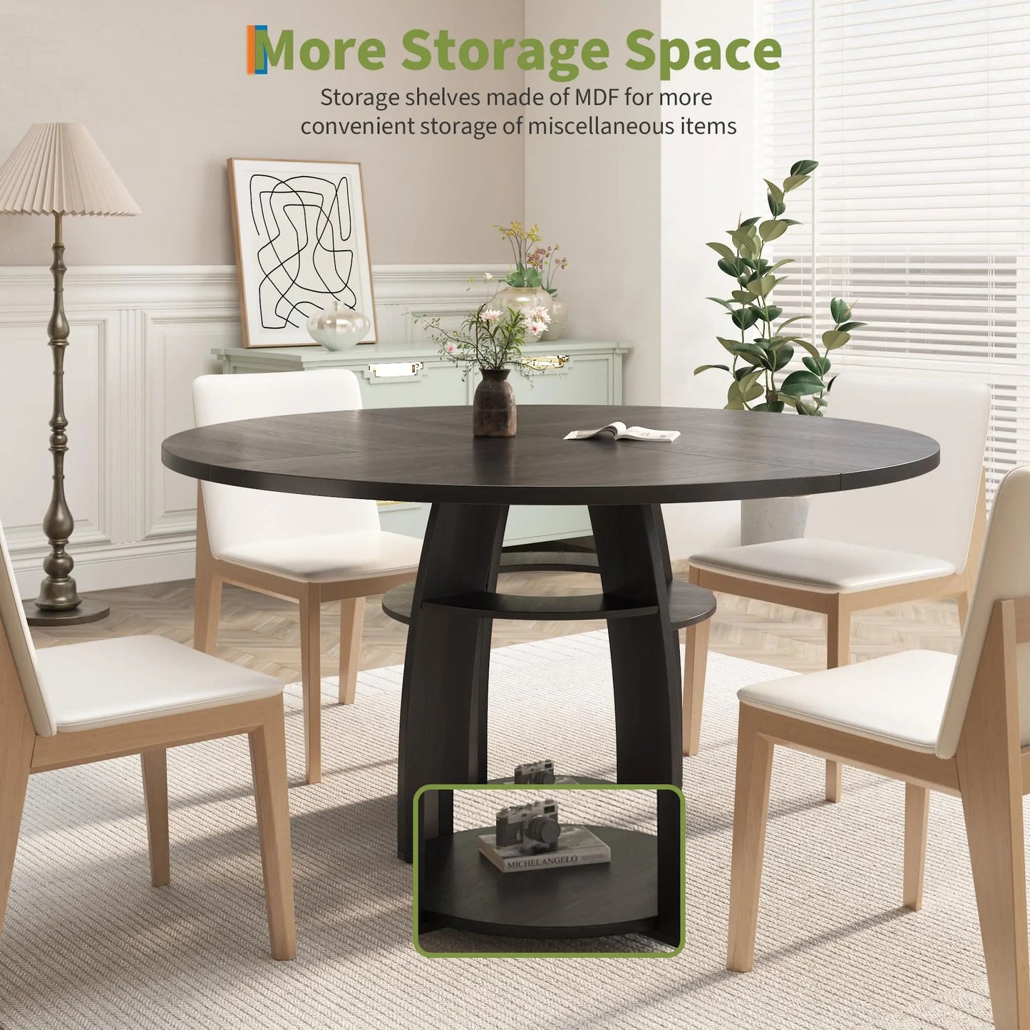 HiMISS Farmhouse Round Wood Dining Table With Storage