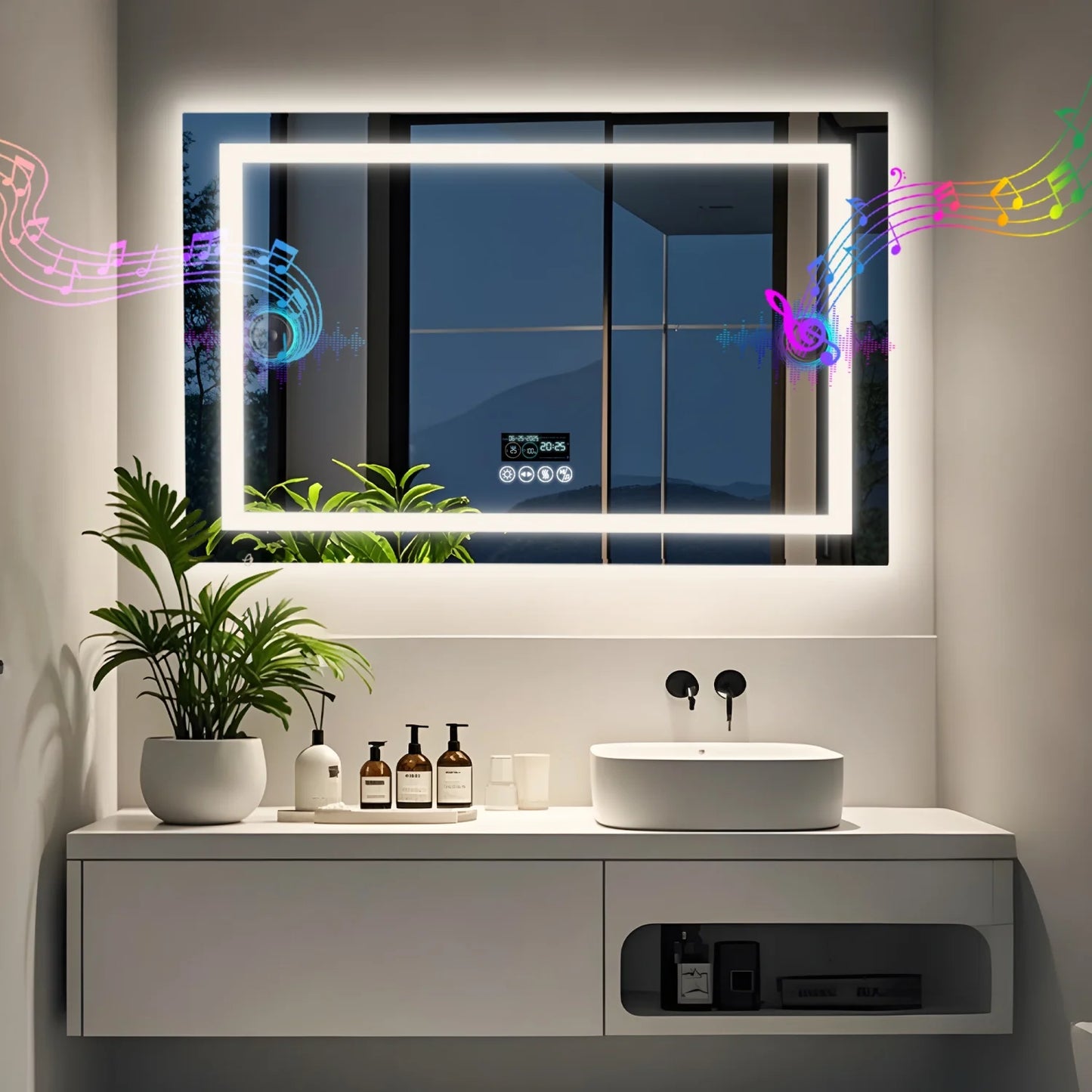 Bluetooth LED Bathroom Mirror With Dual Speaker Digital Display Antifog