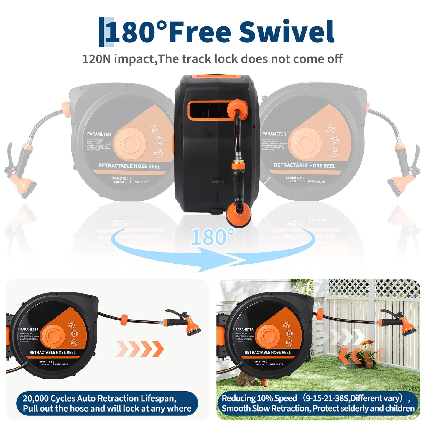 HiMISS Retractable Garden Hose Reel Wall Mounted Heavy Duty With 180 Degree Swivel Slow Retraction For Homeowners