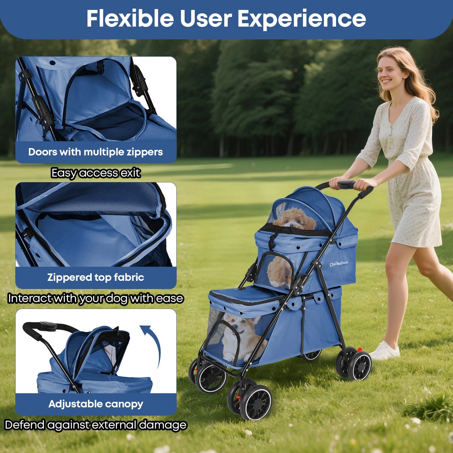 CHIHUAHUA Folding Double Pet Stroller With Detachable Carrier Bags