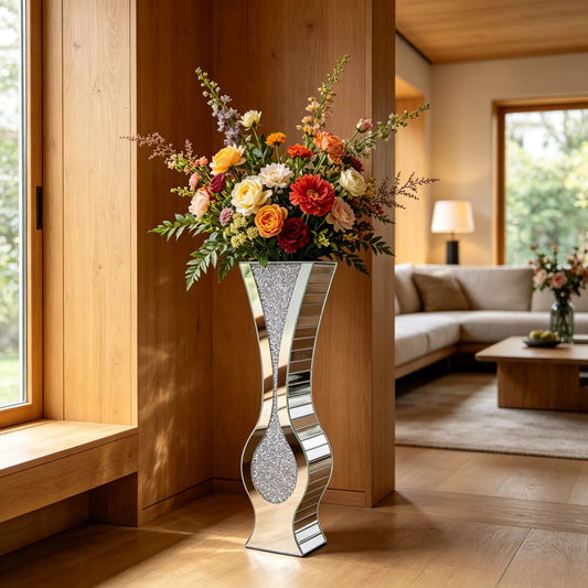 Crushed Diamond Mirrored Floor Vase Silver Glass Modern Decor
