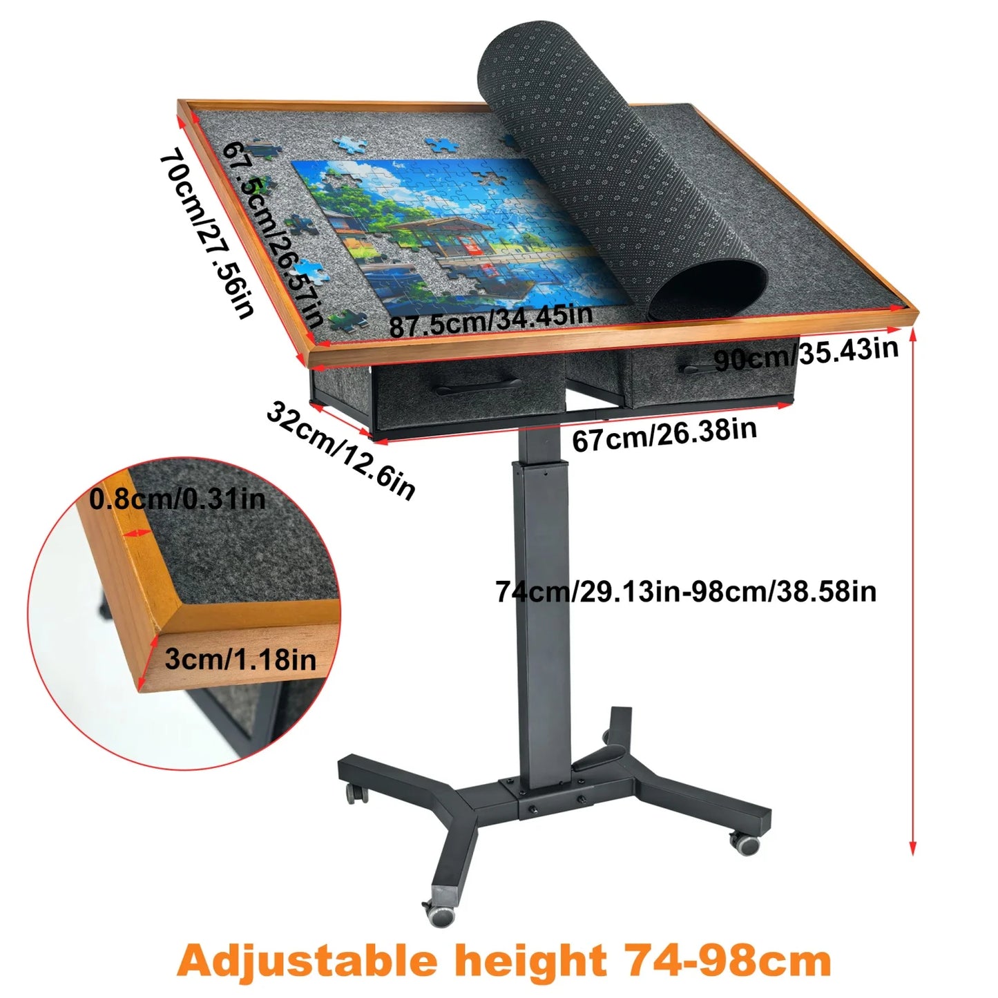Jigsaw Puzzle Table For Adults With Adjustable Tilt, Wheels, Storage Drawers