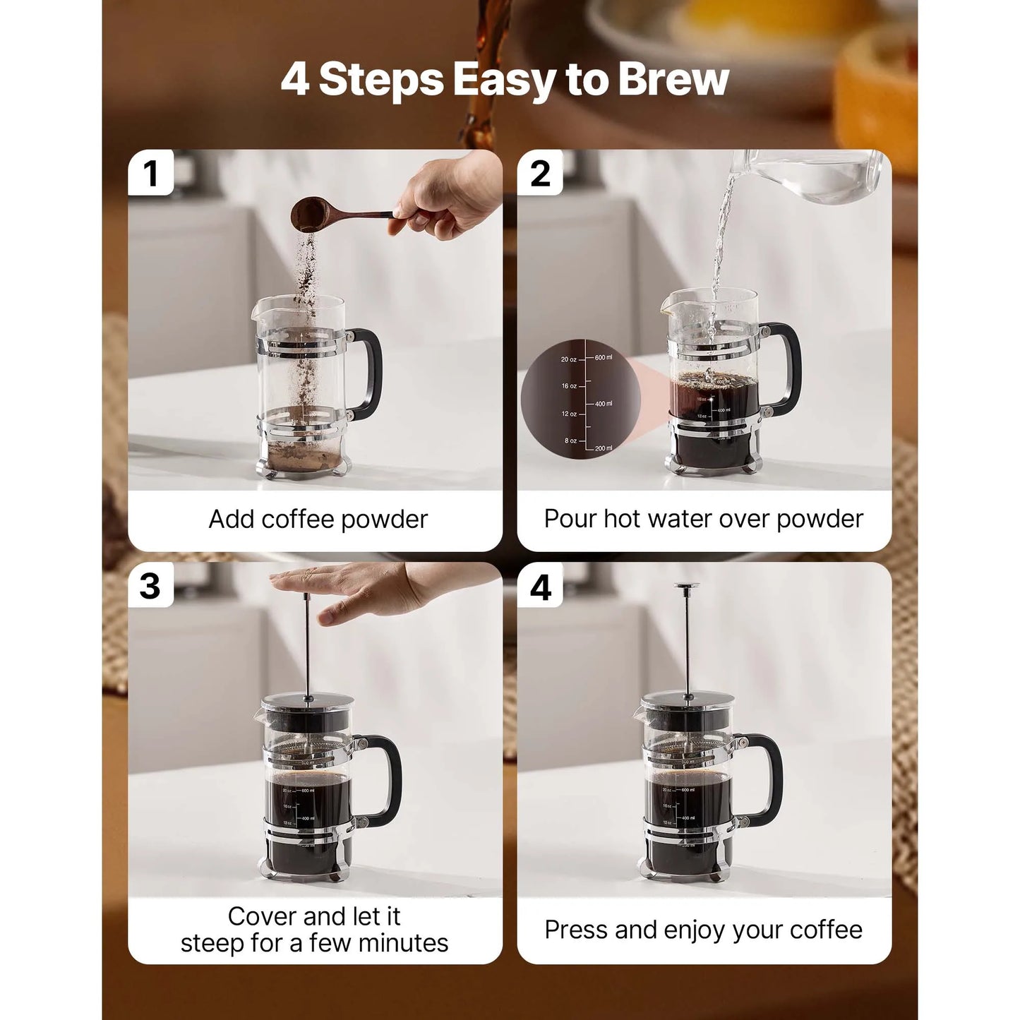 SucceBuy French Press Coffee Maker Portable Borosilicate Glass 34 Oz 1L With Stainless Steel Filter Camping Travel Home