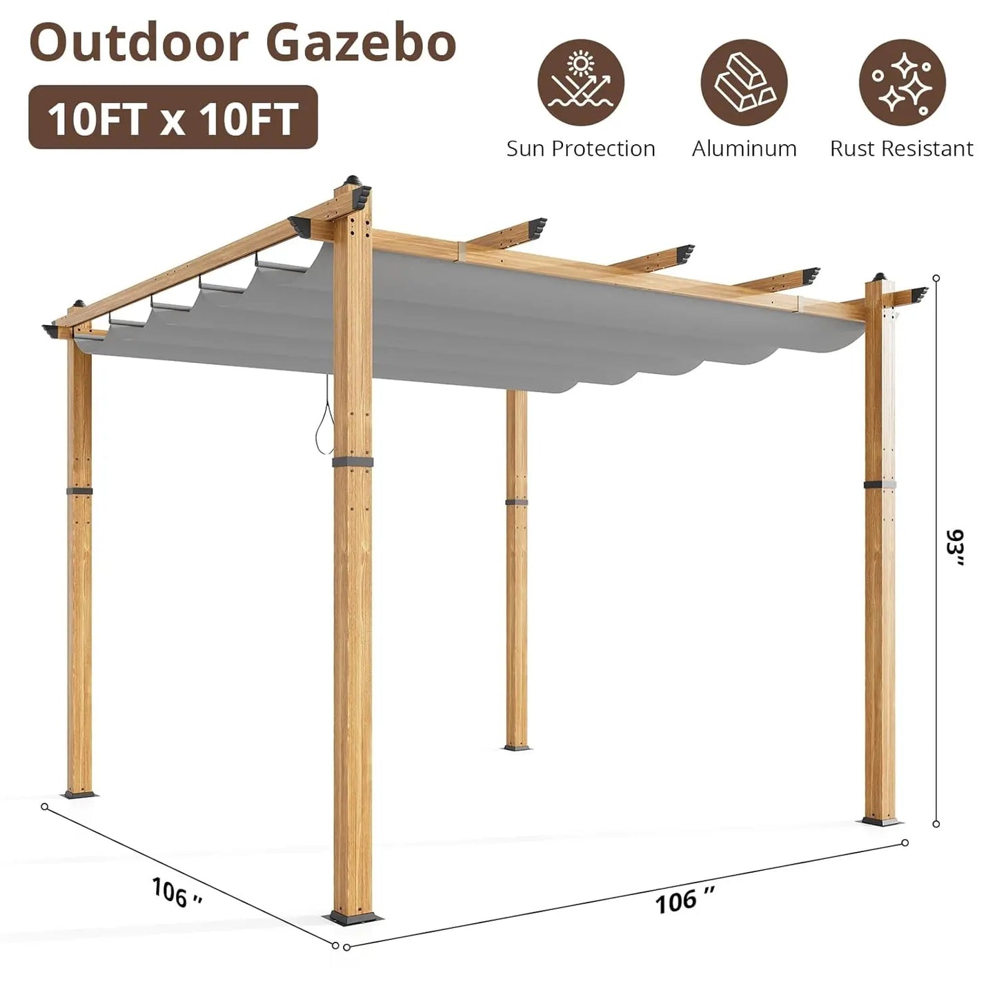 Aluminum Pergola With Retractable Canopy Wood Grain Waterproof UPF50 Patio
