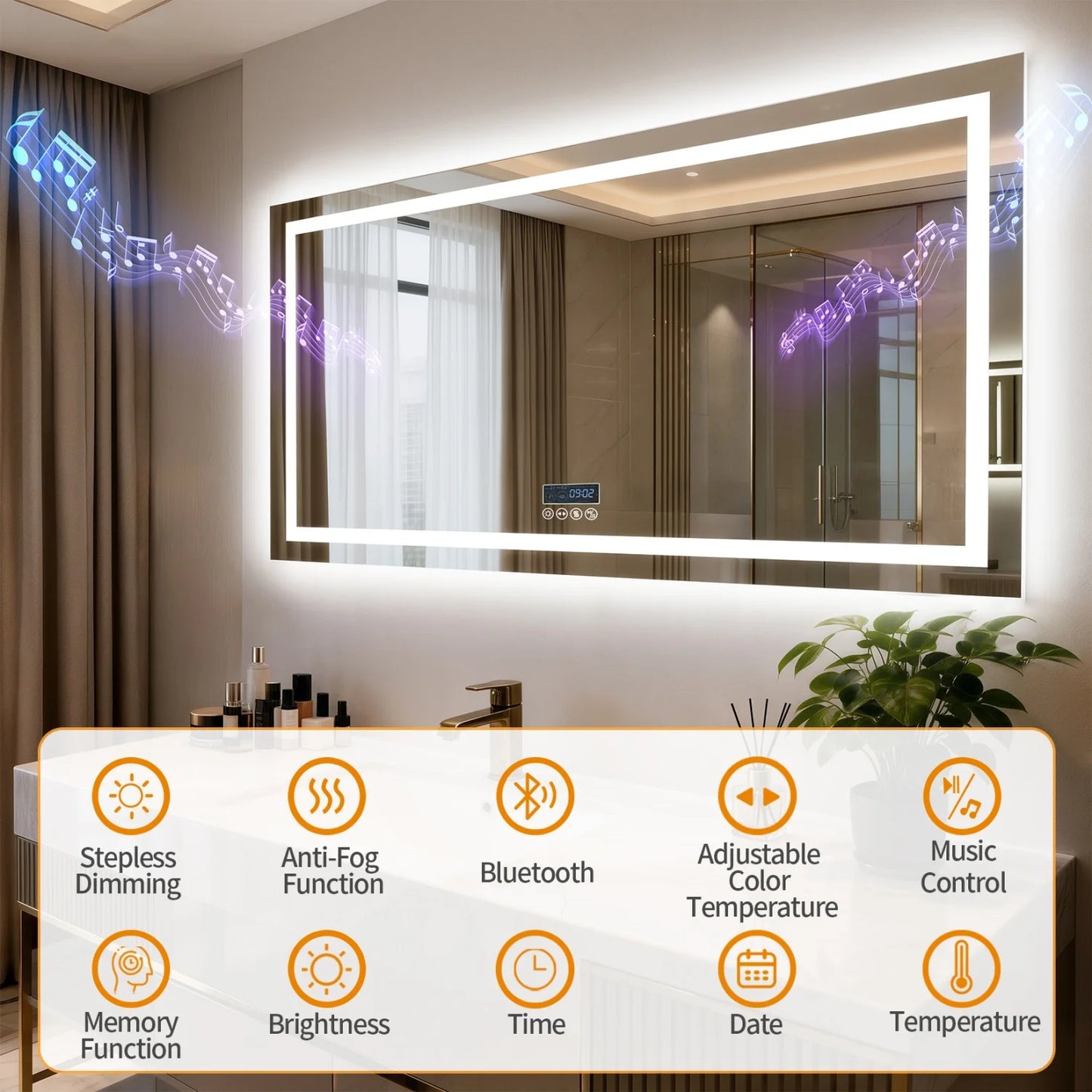 Bluetooth LED Bathroom Mirror With Dual Speaker Digital Display Antifog
